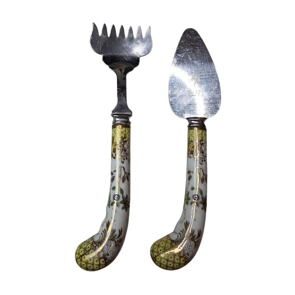 Prill Sheffield‎ England Stainless Cheese Server Set Porcelain Pineapple A5